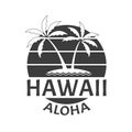 Hawaii Aloha print with beach and Palm trees. Summer and tropical badge for typography. Hawaiian emblem. Vector illustration